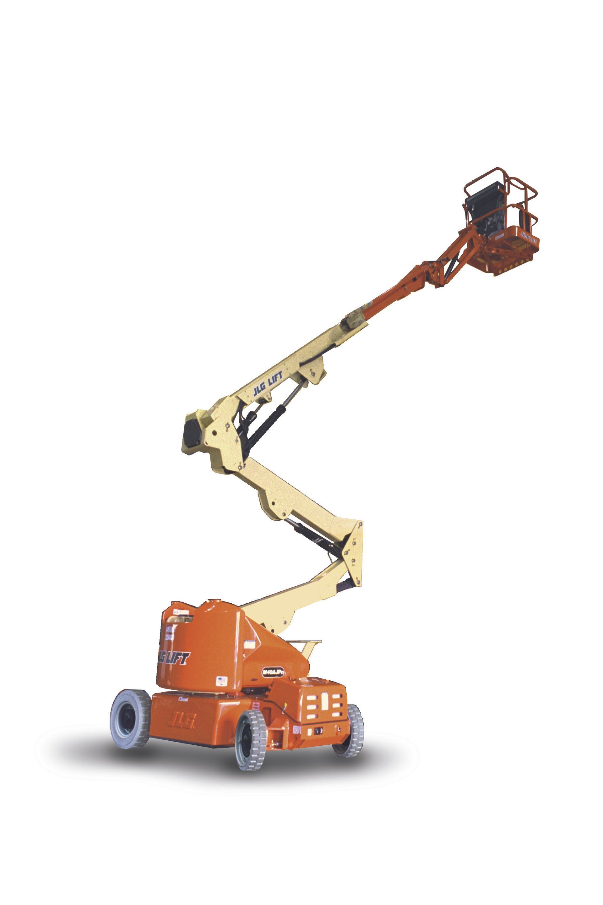 A man is sitting in a bucket on a lift.