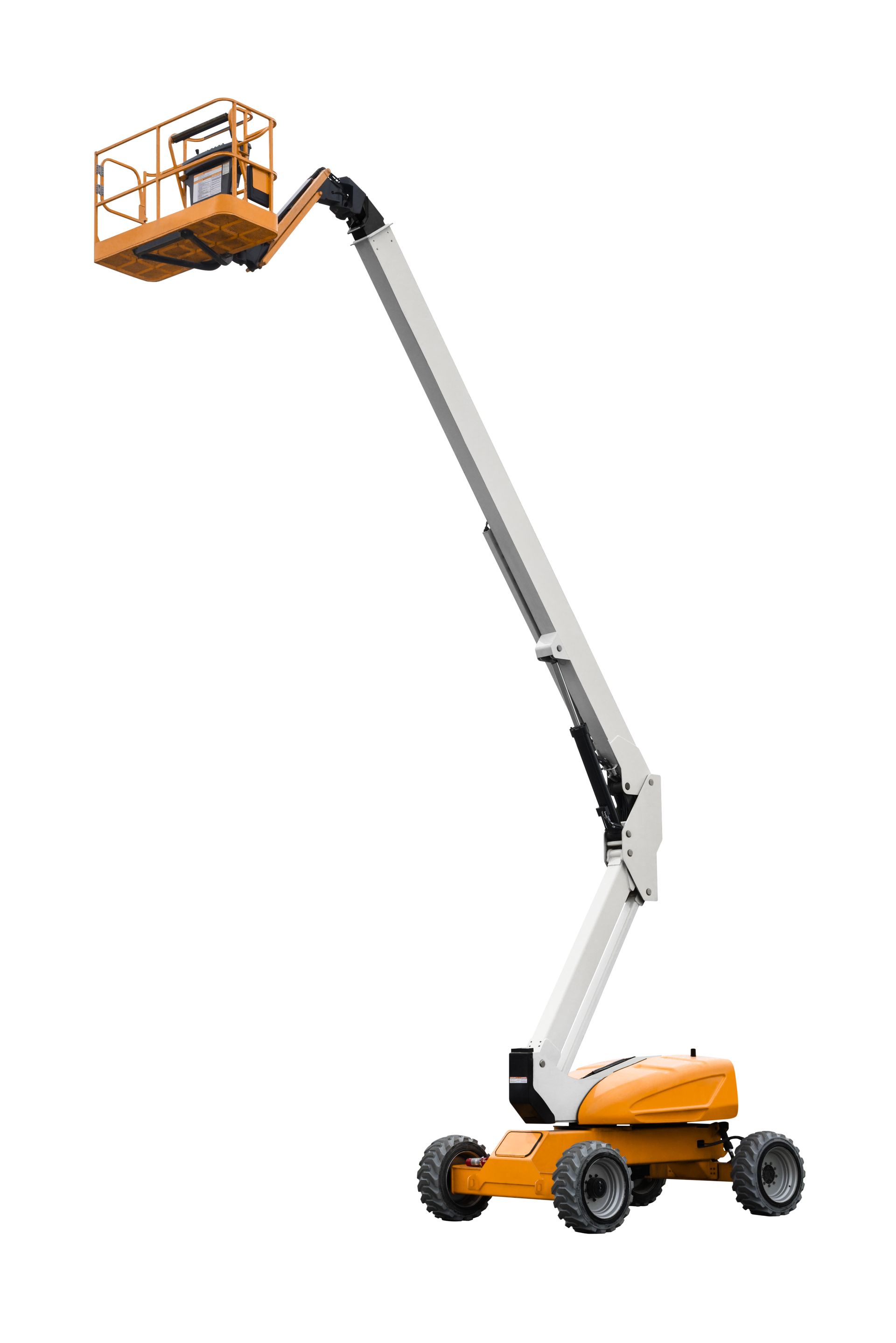 Orange telescopic boom lift with extended arm on white background – industrial boom lifts equipment.