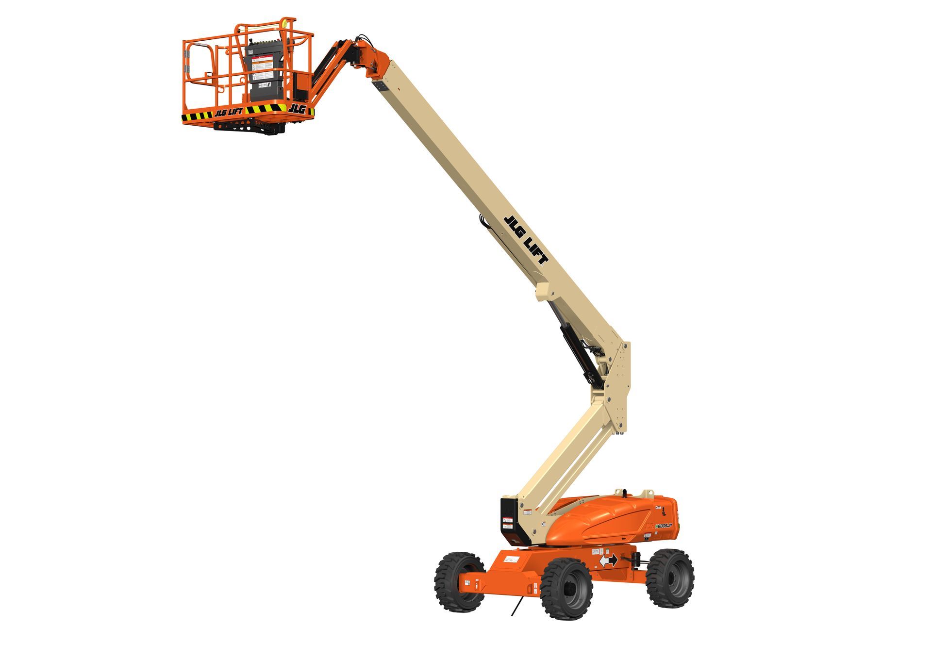 A man is sitting in a bucket on a lift.