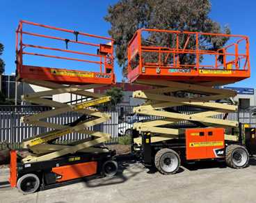 Elevated work platforms and man lifts on-site at ScaffActive, showcasing scissor lift equipment used for boom lift and man lift services in Melbourne.