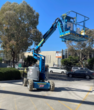 Blue wheeled articulating Boom Lift Melbourne rental. This Elevated Work Platform (EWP) or Man Lift is available at Scaffactive.com.au.