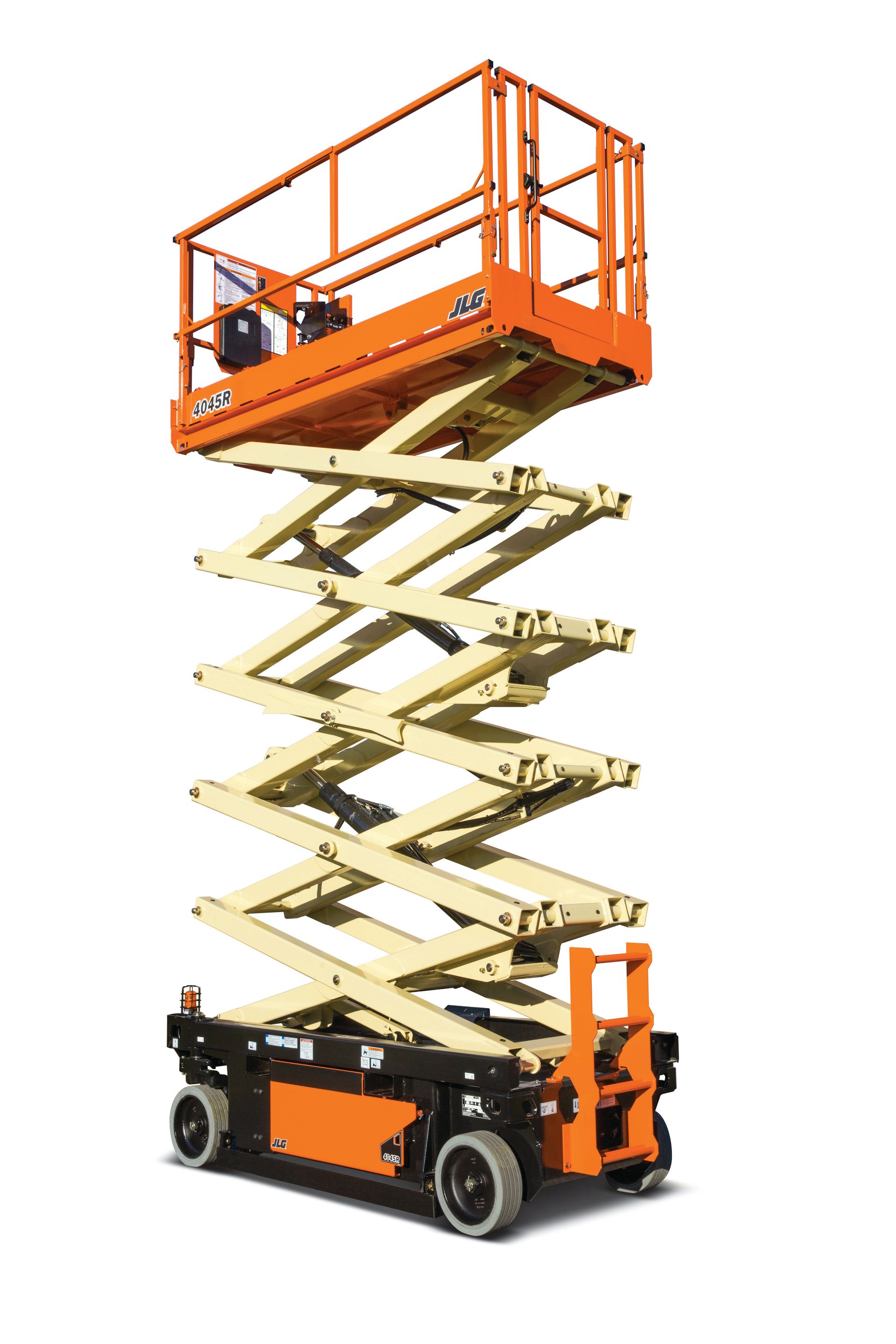 A scissor lift is sitting on top of a white surface.