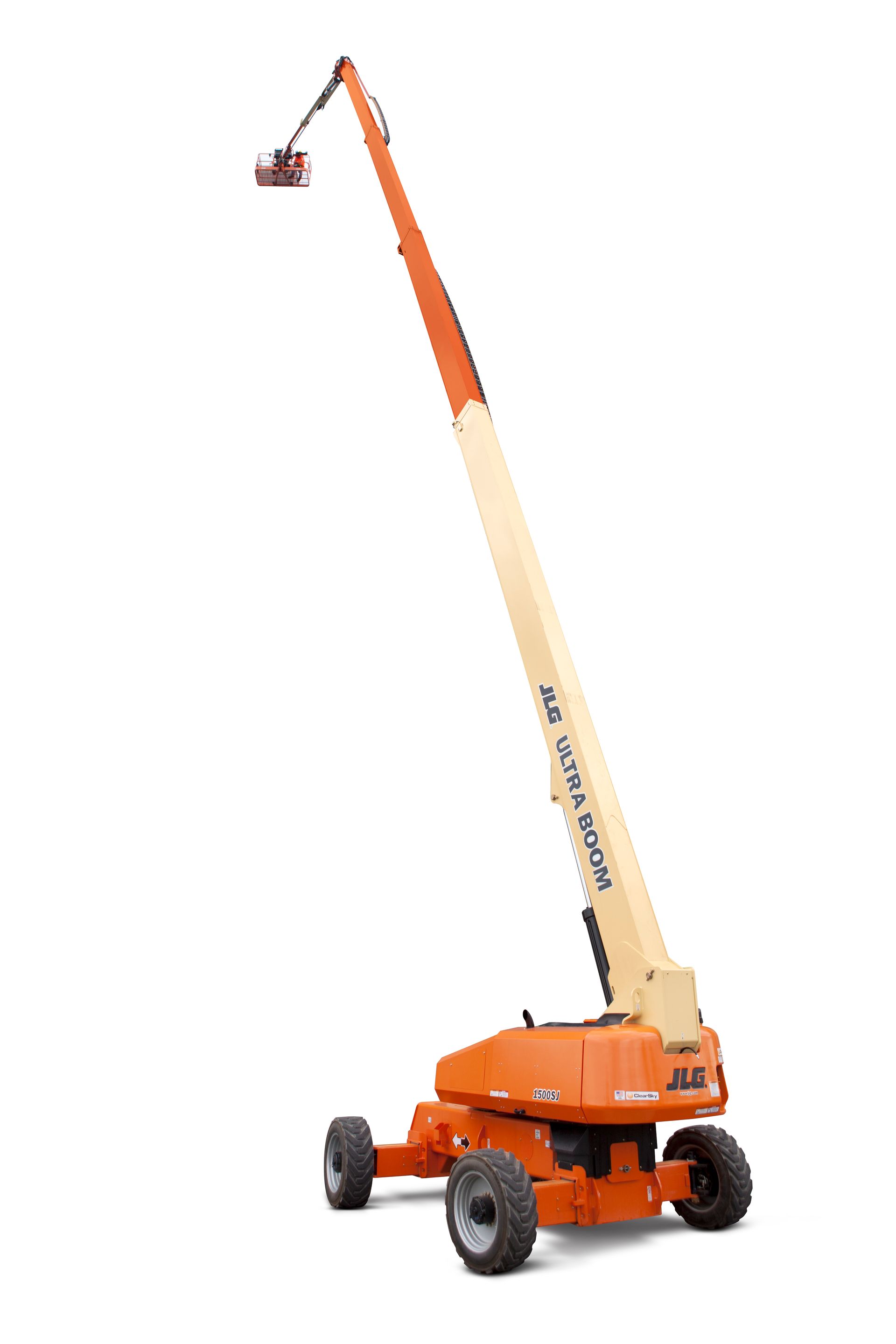 A man is standing in a bucket on a lift on a white background.