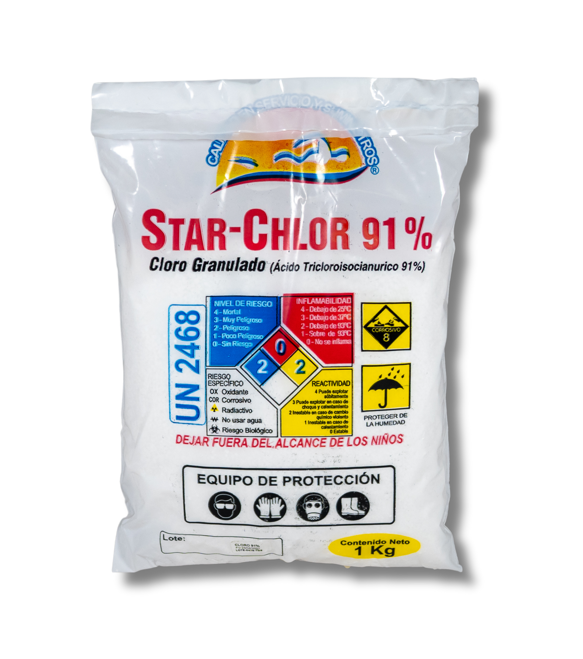 Cloro granulado Star Chlor 91%, desinfectante concentrado para tratamiento de piscinas.