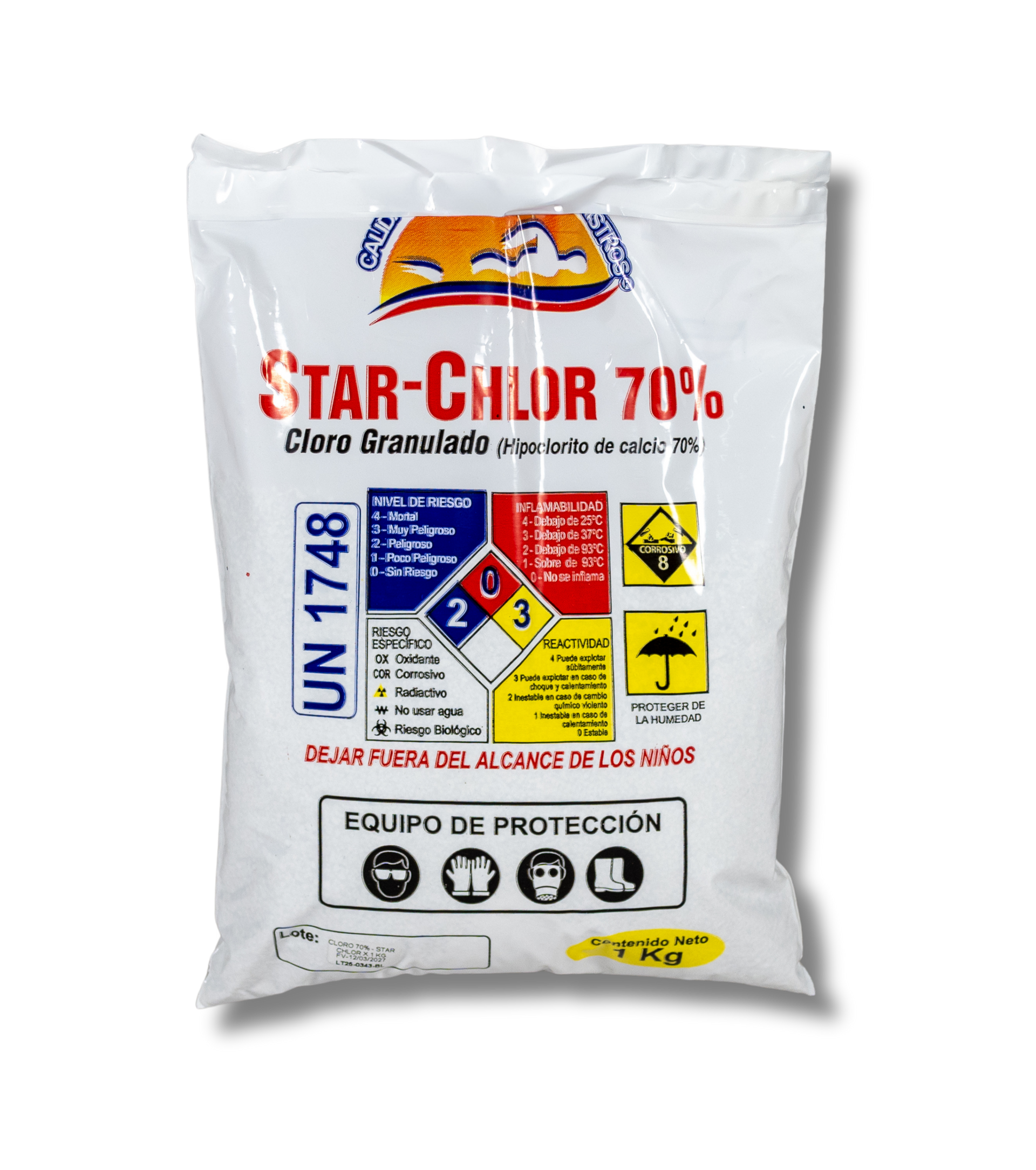 Cloro granulado Star Chlor 70% Star Químicos, desinfectante eficaz para el mantenimiento y tratamiento del agua de piscinas.