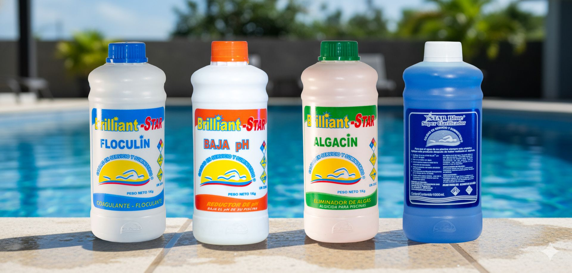 Productos químicos para piscina Star Químicos: Floculin, Baja pH, Algacin y Star Blue