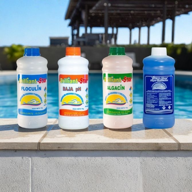 Productos químicos y accesorios para piscina: Baja pH, Star Blue, Floculin y Algacin Star Químicos