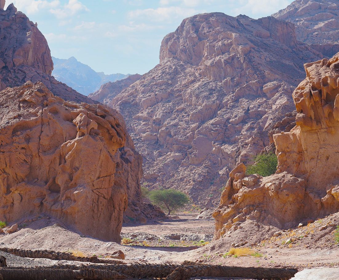 A desert landscape with rocks and mountains in the background at possible site of Elim