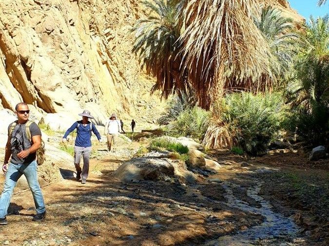 A group of people are walking down a dirt path in the Wadi Tayyib al Ism