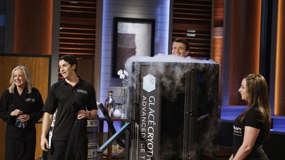 a man demonstrates a cryotherapy session on national television on a hit tv show called shark tank