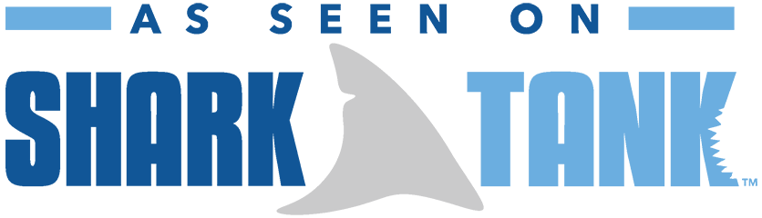 a logo for as seen on shark tank with a shark tail