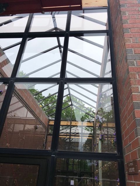 Large glass windows with black framing on a brick building, looking into an interior with wooden beams and trees.