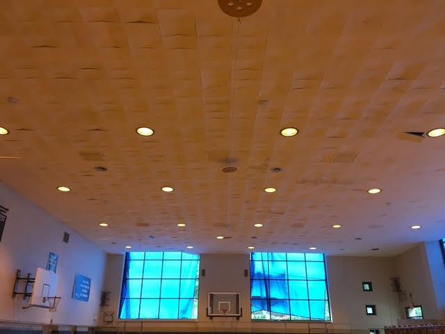 Gymnasium interior: high ceiling with lights, blue-tinted windows, and basketball hoop.