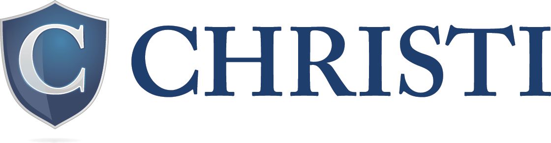The logo for christi is blue and white with a shield.