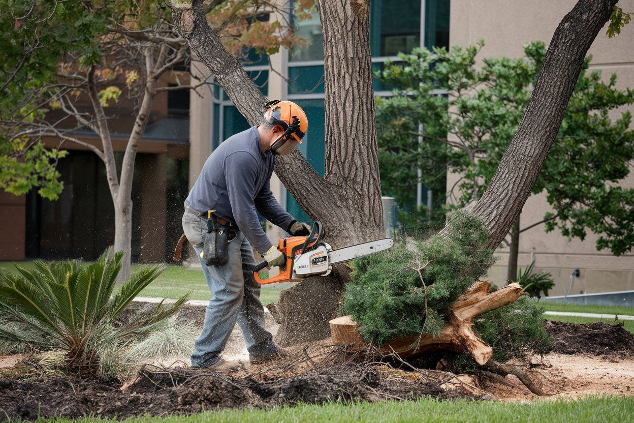 A man is cutting down a tree with a chainsaw.