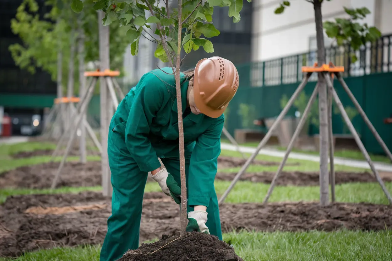 A man in a hard hat is planting a tree in a park.