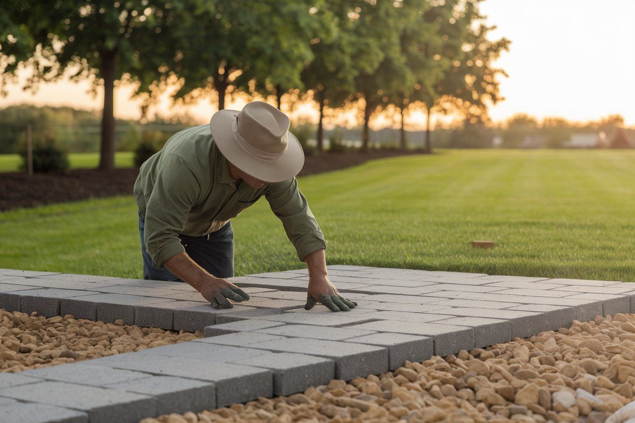 A man wearing a hat is laying bricks on a sidewalk.