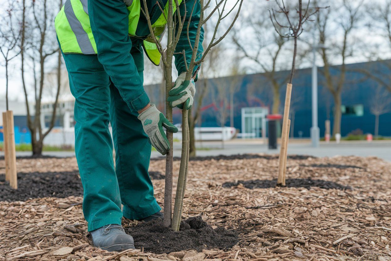A man is planting a tree in a garden.