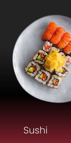 A grey plate arranged with several pieces of salmon nigiri, avocado maki rolls, and a pile of pickled ginger.