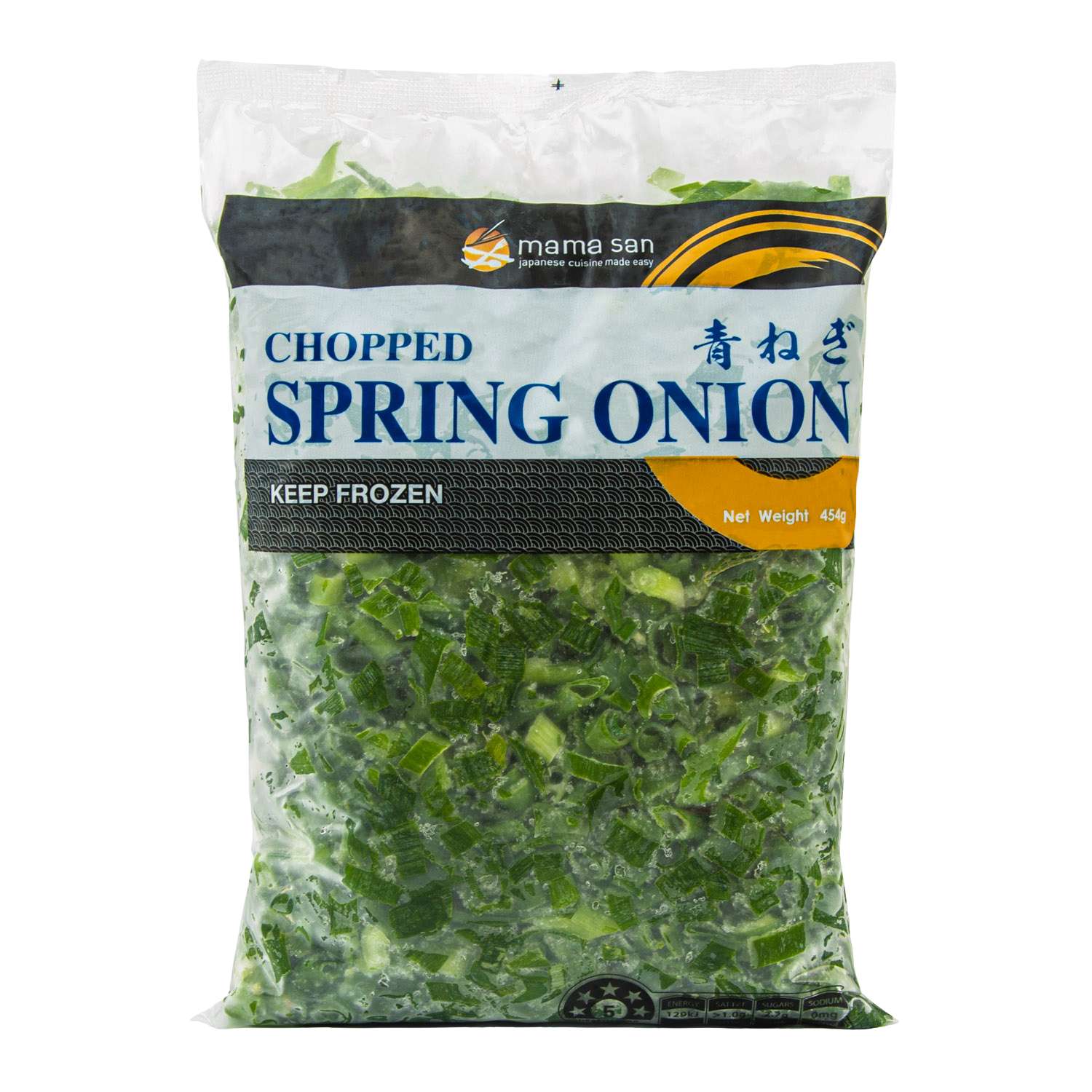 Bag of frozen chopped spring onion with green pieces and blue-white packaging