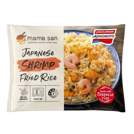 Mama San Japanese Shrimp Fried Rice frozen meal package with shrimp fried rice photo and Ajinomoto logo