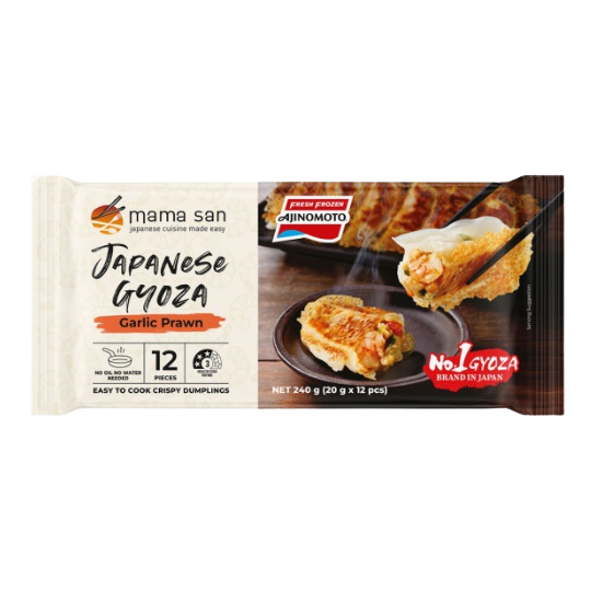 A package of Mama San Japanese Gyoza, showing crispy dumplings on a dark plate, with Ajinomoto branding.