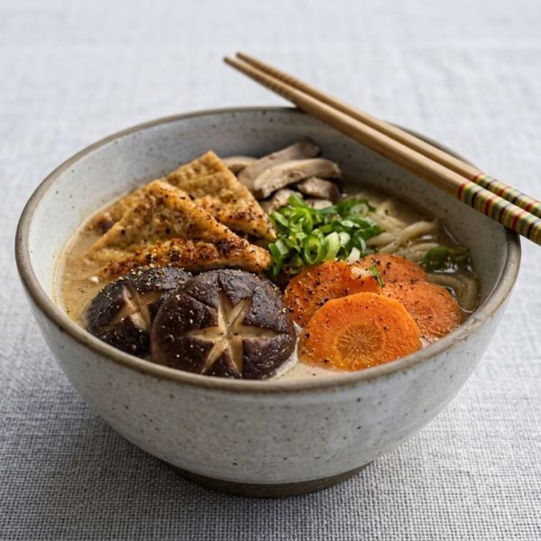 Two bowls of udon noodle soup with vegetables and mushrooms, served with chopsticks, broth base, and a pack of noodles.