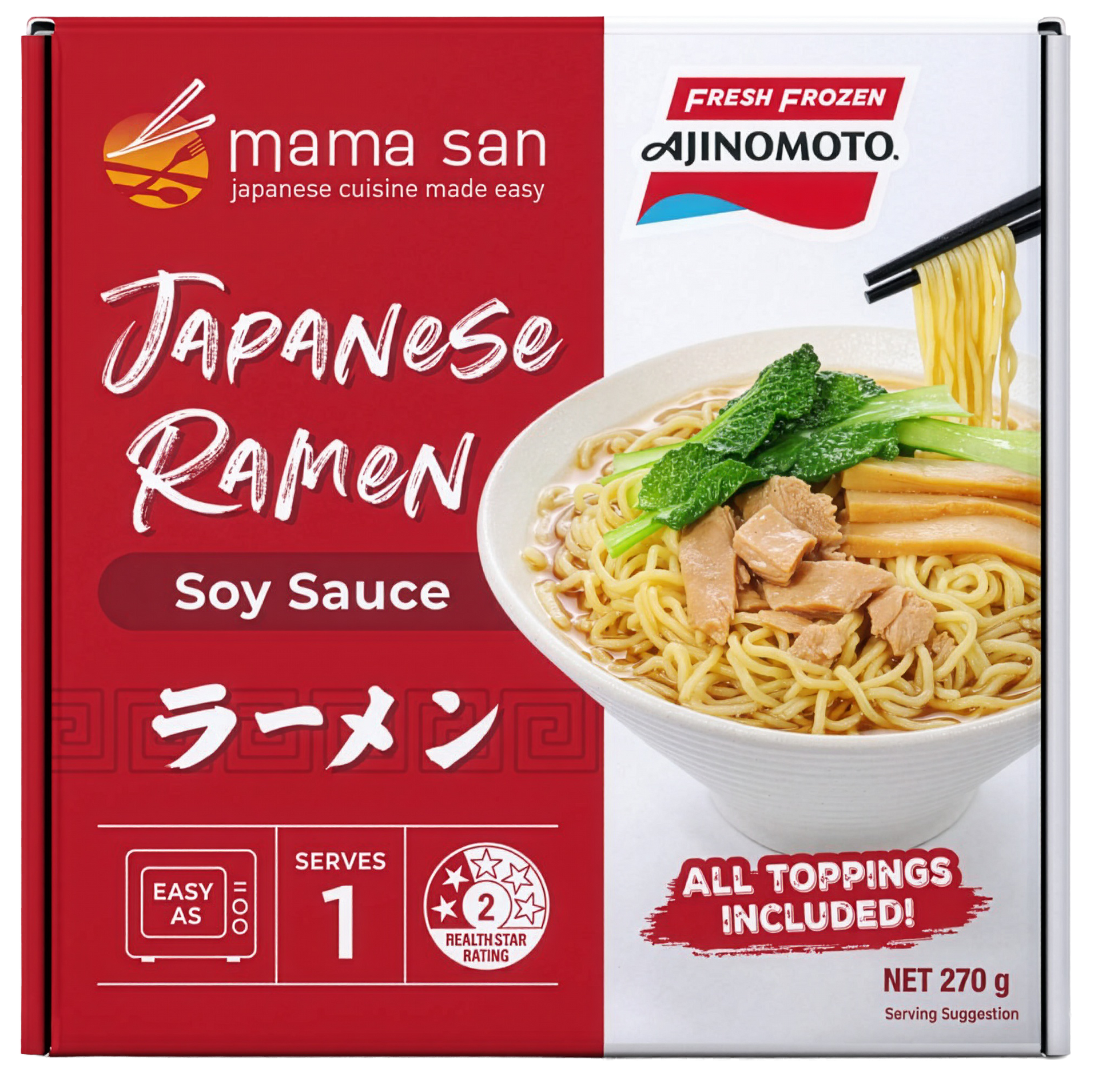 Box of Mama San Japanese Ramen, soy sauce flavor. Shows ramen in a bowl with toppings; red box with white text.