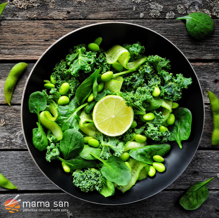 A bowl of green vegetables with a lemon slice on top