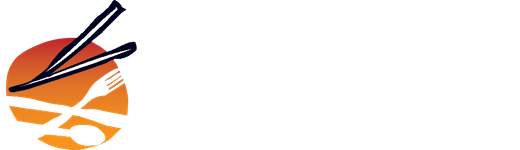 A circular logo featuring orange and yellow gradients, with crossed chopsticks, a fork, and a spoon.