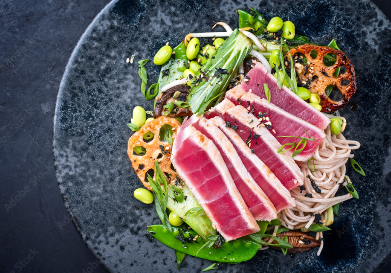 Seared Tuna Tataki with Mama San Soba Noodles and Renkon Chips