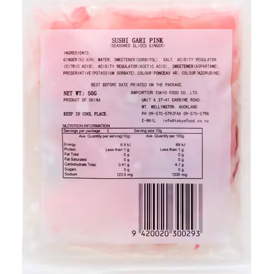 Pink sushi ginger in a clear plastic package, showing nutrition information and ingredients.