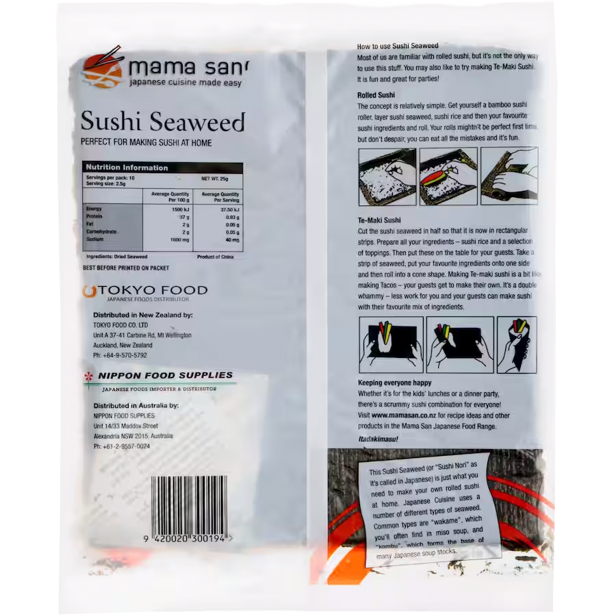 Package of Mama San sushi seaweed with nutritional information and instructions.