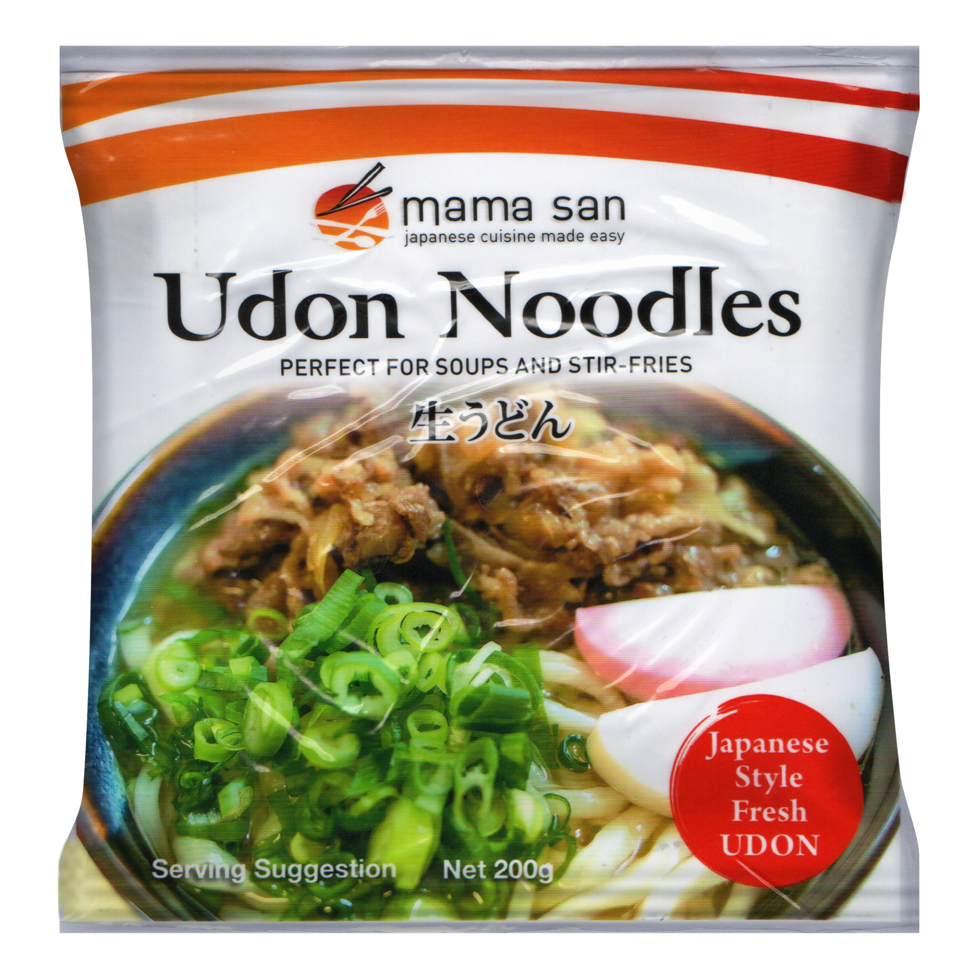 A bag of mama san udon noodles with vegetables and meat on a white background.
