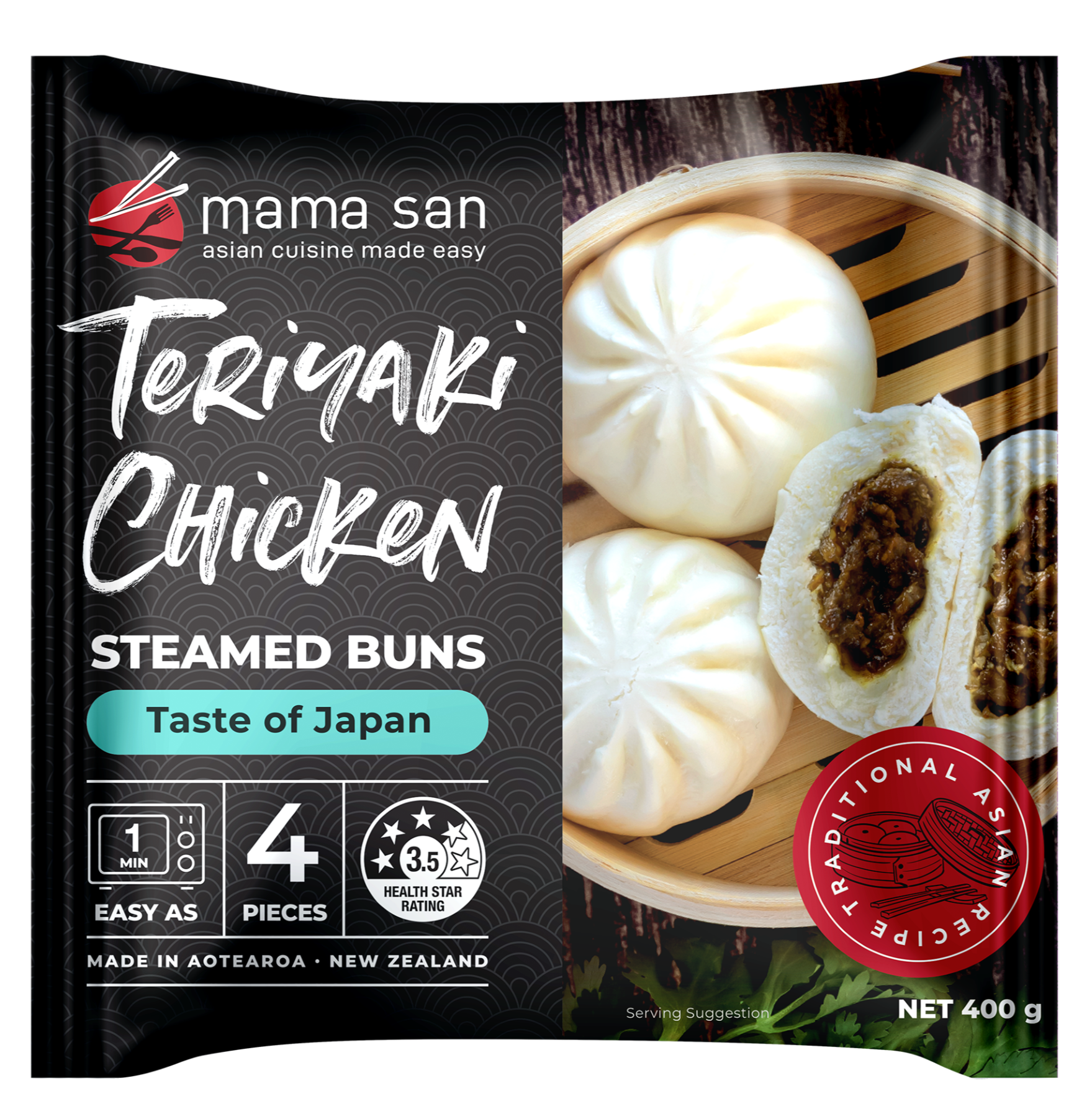 A package of teriyaki chicken steamed buns.