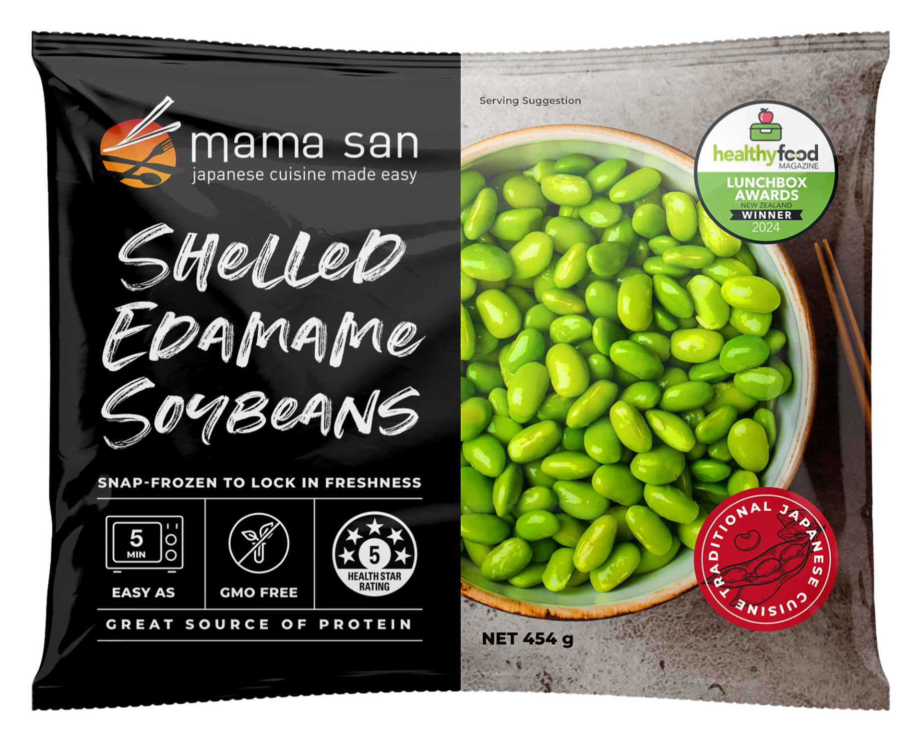 Mama san shelled edamame soybeans are a great source of protein.