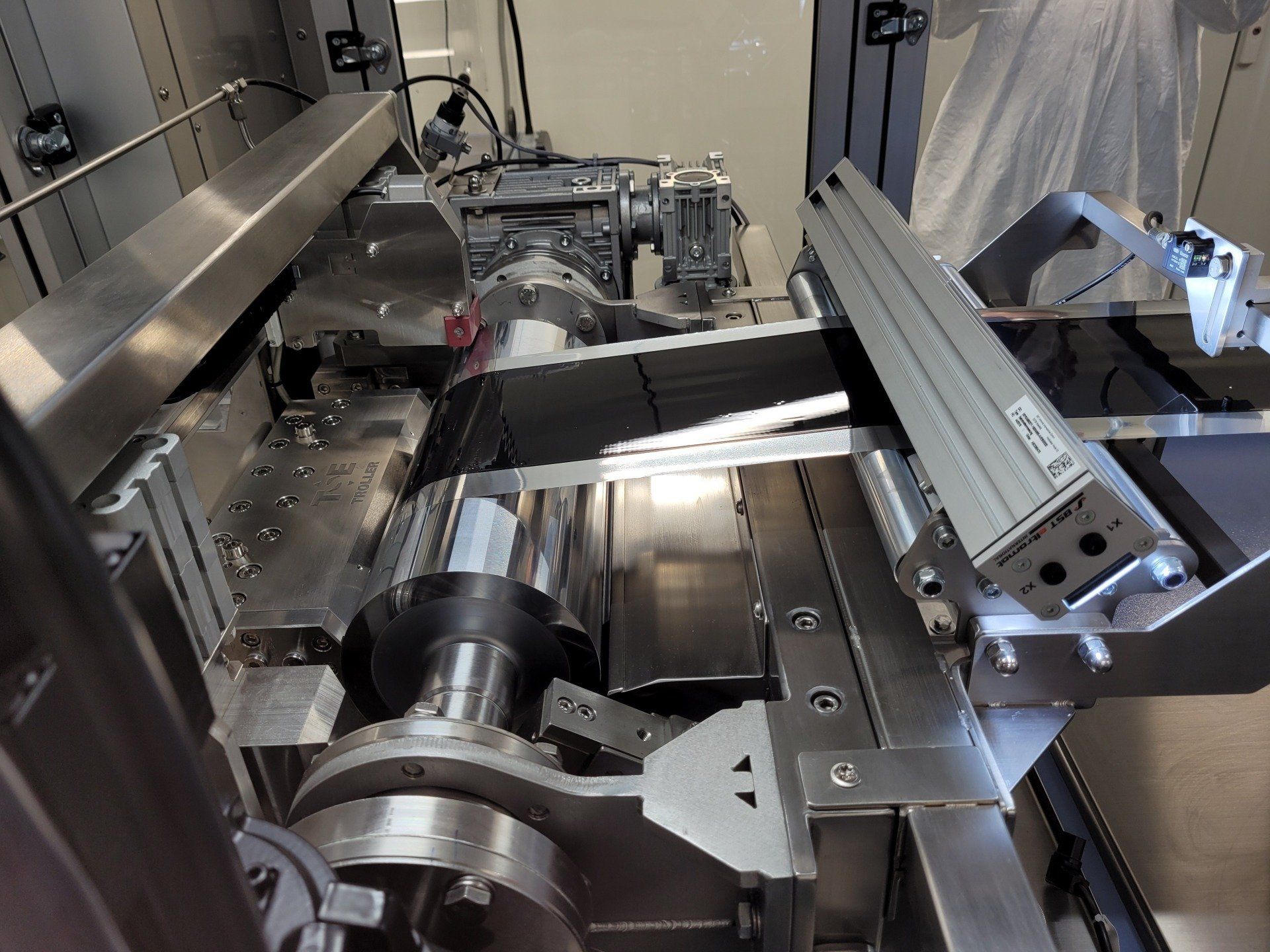 Picture of a lithium ion cathode electrode being produced on a slot die coating machine.