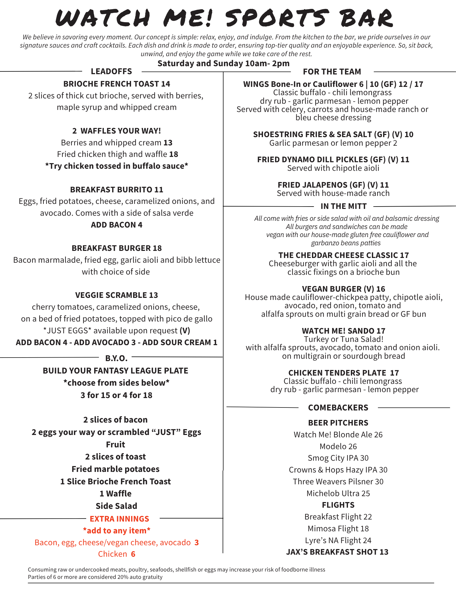 Watch Me! Sports Bar Sunday Brunch Menu