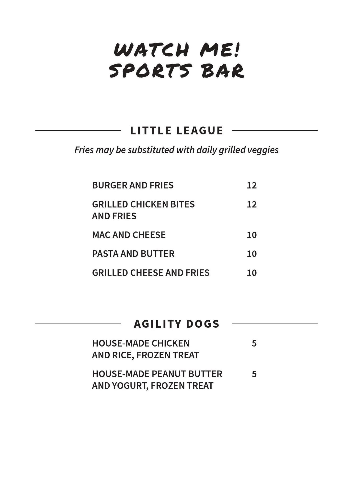 Watch Me! Sports Bar Kids & Dog Menu