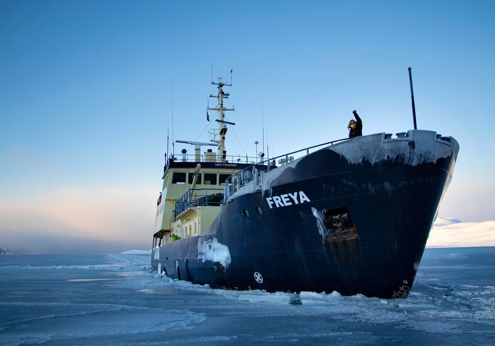 A large ship with the name freya on it
