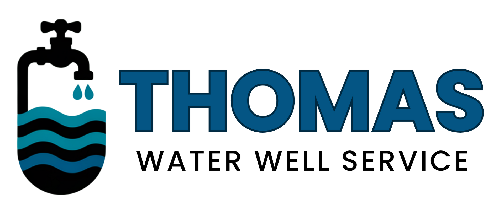Logo for Thomas Water Well Services featuring a blue water drop icon containing a hand holding a wrench and a faucet.