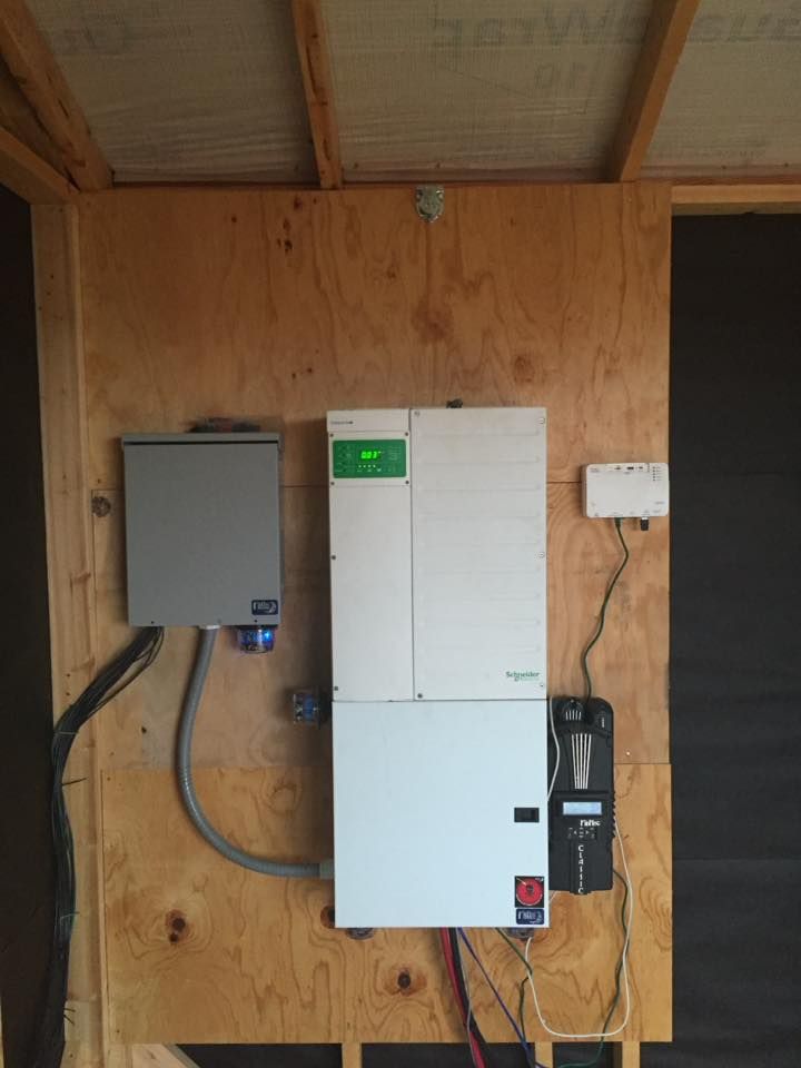 A wall-mounted solar inverter and electrical disconnect box installed on a plywood board in a utility space.