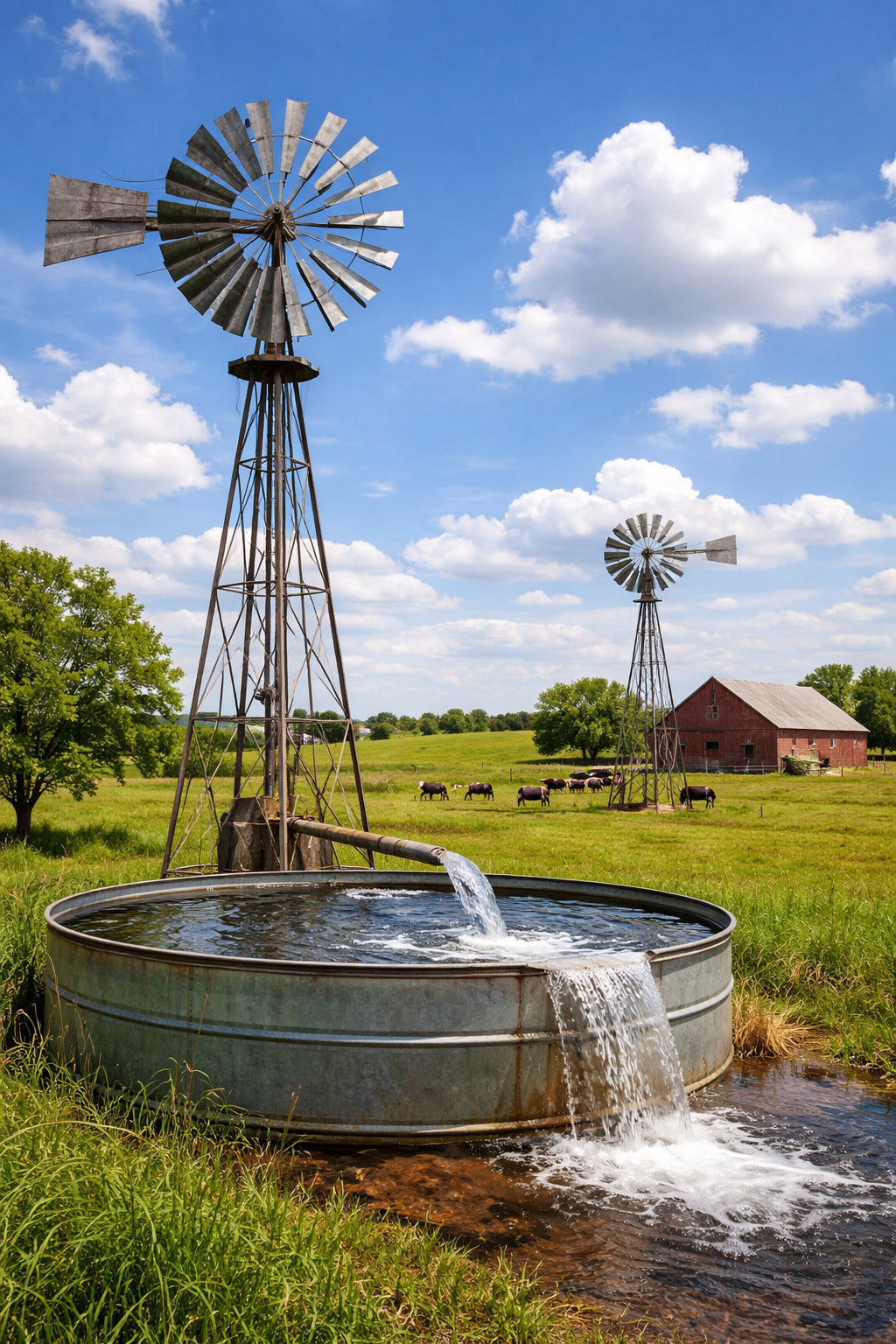 A windmill pumps water into a metal tank in a grassy field with a second windmill and a red barn in the distance.