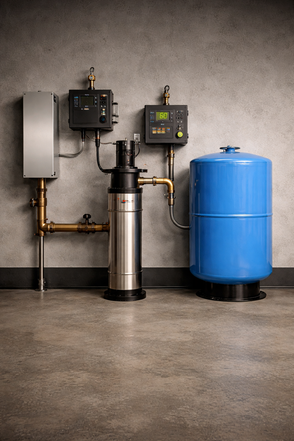 A blue constant pressure water system tank and a stainless steel booster pump on a concrete pad outside a house.