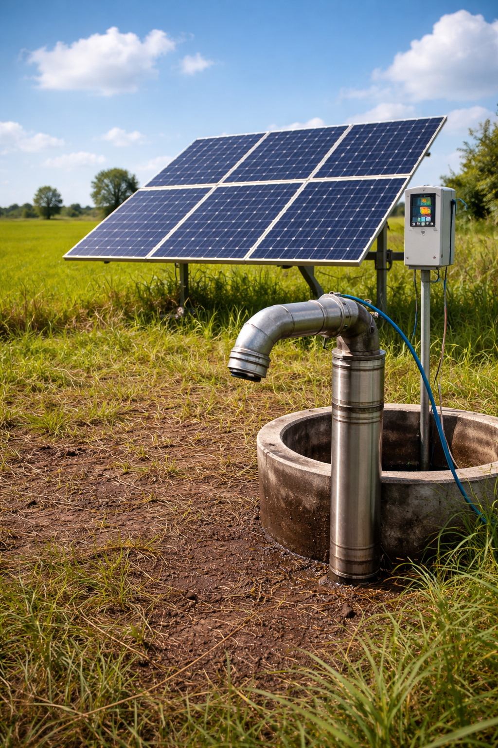 Solar panels power a pump discharging water into a circular concrete basin in a field.