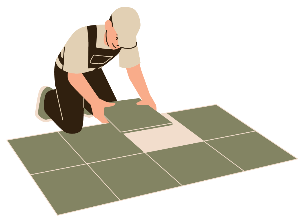 A man is kneeling down and laying tiles on the floor.