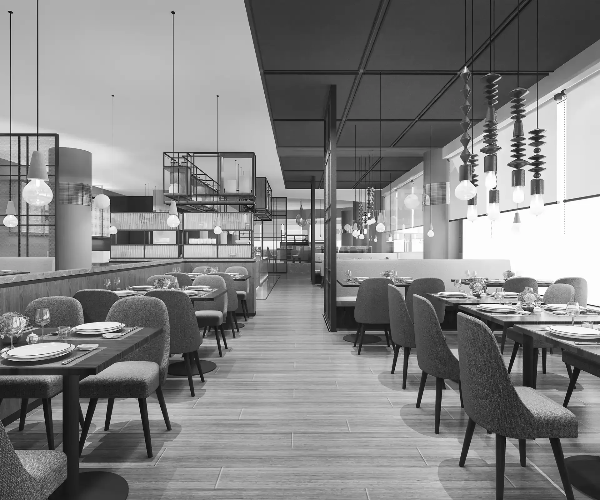Restaurant interior with tables, chairs, and hanging lights. Long wooden floors and structural design.