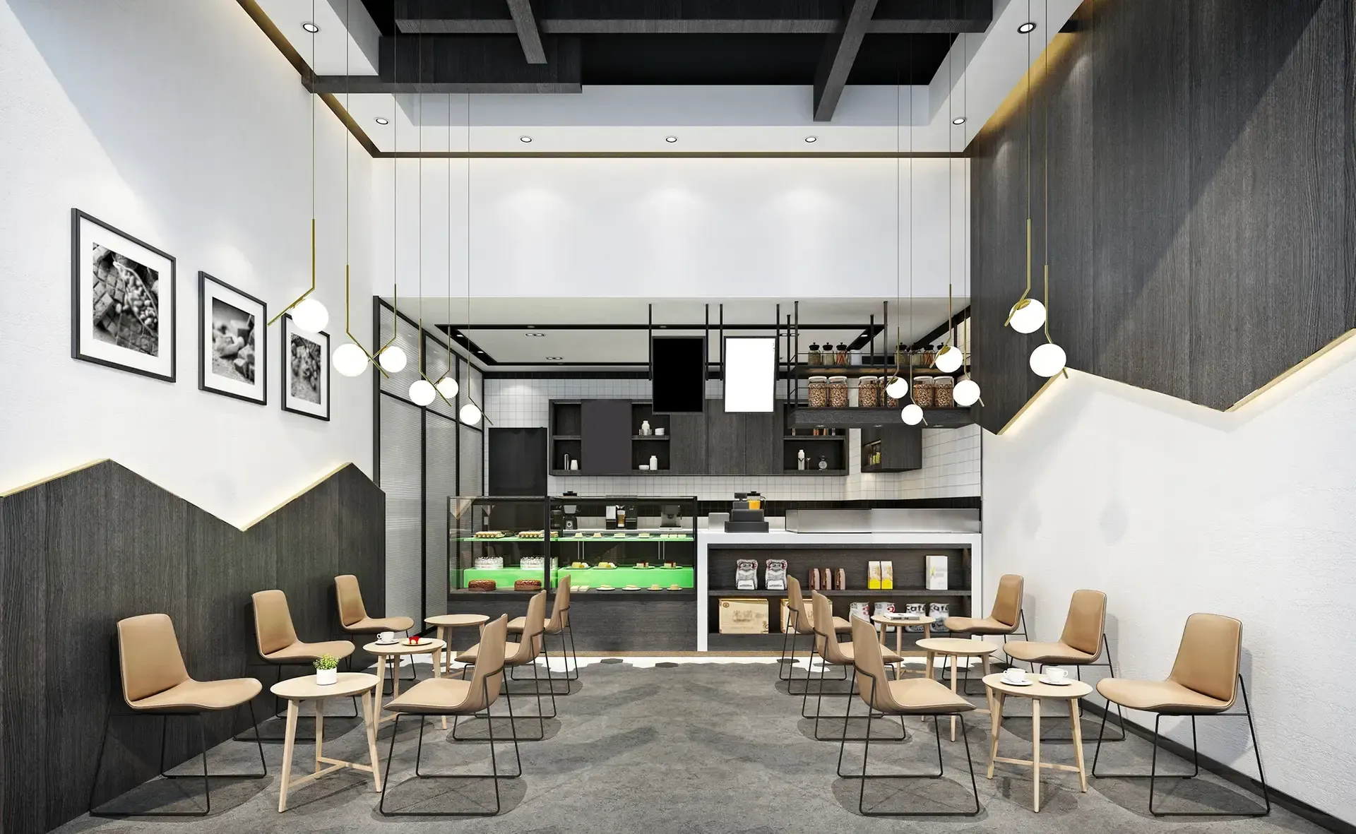 Cafe interior with seating, a counter, and minimalist decor. Black and white with gold accents.