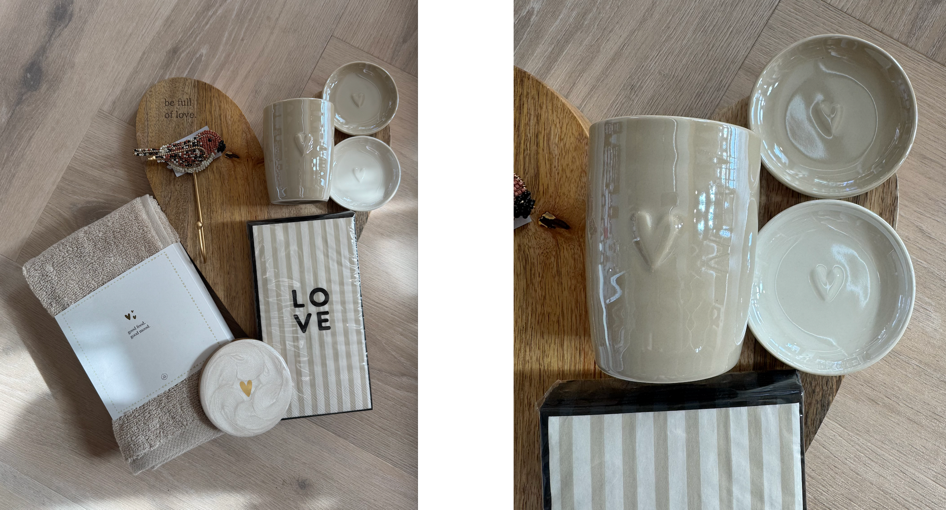 Zusss keuken essentials met mok, schaaltjes, servetten, keukendoek en houten borrelplank
