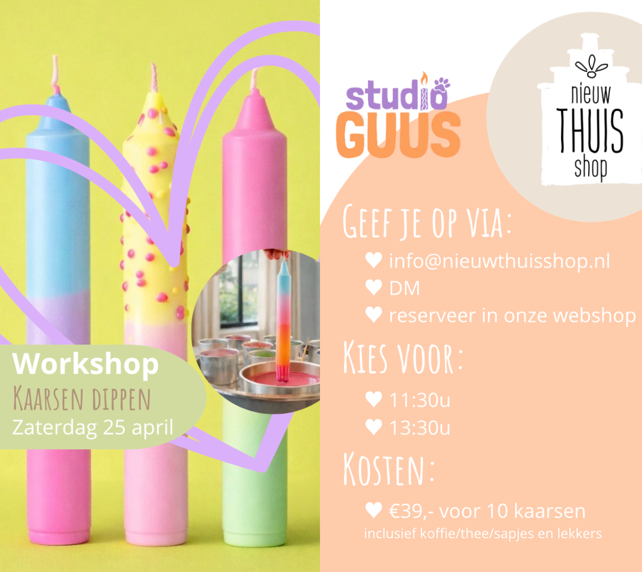 Kom je zaterdag 25 april je eigen kaarsen maken? Studio Guus leert je technieken voor 10 kaarsen!